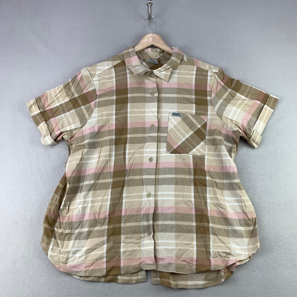Columbia Anytime II Shirt Womens 1X Tan Plaid Stretch Short Sleeve Button Up